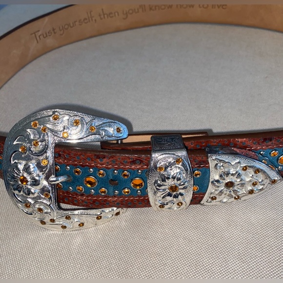 F107052 Ariat Men's Western Belt with Turquoise Blue W Orange Gems 32 / 80 - Picture 2 of 10